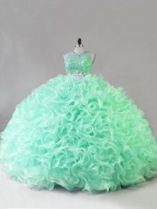 Apple Green Ball Gown Prom Dress Fabric With Rolling Flowers Sleeveless Beading and Ruffles