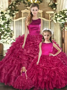 Top Selling Fuchsia Lace Up Scoop Ruffles Quinceanera Dresses Organza Sleeveless