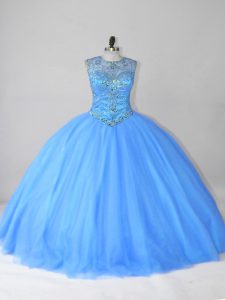 Flare Blue Sleeveless Tulle Lace Up 15 Quinceanera Dress for Sweet 16 and Quinceanera