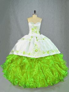 Wonderful Sweetheart Sleeveless Satin and Organza Ball Gown Prom Dress Beading and Embroidery Brush Train Lace Up