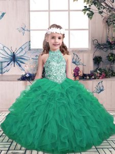 Admirable High-neck Sleeveless Lace Up Pageant Dress Wholesale Green Tulle