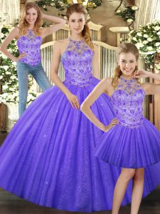 Modest Lavender Three Pieces Halter Top Sleeveless Tulle Floor Length Lace Up Beading Sweet 16 Quinceanera Dress