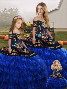 Beautiful Blue And Black Ball Gowns Off The Shoulder Sleeveless Organza Floor Length Lace Up Embroidery and Ruffled Layers Quinceanera Gown