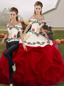 Eye-catching Off The Shoulder Sleeveless Vestidos de Quinceanera Floor Length Embroidery and Ruffles White And Red Tulle