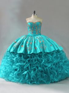 Sumptuous Brush Train Ball Gowns Ball Gown Prom Dress Aqua Blue Sweetheart Fabric With Rolling Flowers Sleeveless Lace Up
