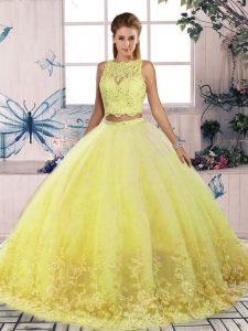 Yellow Tulle Backless Scalloped Sleeveless Sweet 16 Dress Sweep Train Lace