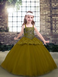 Nice Olive Green Ball Gowns Tulle Straps Sleeveless Beading Floor Length Lace Up Little Girls Pageant Gowns