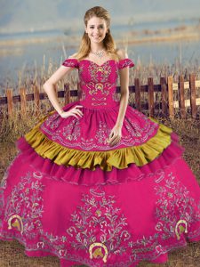 Dramatic Fuchsia Sleeveless Floor Length Embroidery Lace Up Vestidos de Quinceanera