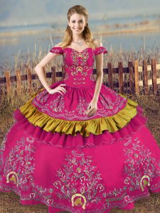 Dramatic Fuchsia Sleeveless Floor Length Embroidery Lace Up Vestidos de Quinceanera