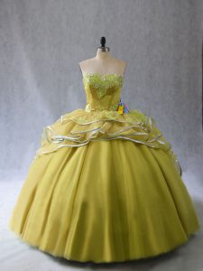 Olive Green 15th Birthday Dress Sweet 16 and Quinceanera with Appliques and Ruffles Sweetheart Sleeveless Brush Train Lace Up