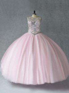 Floor Length Baby Pink Ball Gown Prom Dress Scoop Sleeveless Lace Up
