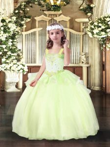 Admirable Yellow Green Organza Lace Up Child Pageant Dress Sleeveless Floor Length Beading