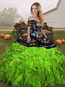 Extravagant Off The Shoulder Sleeveless Sweet 16 Dress Floor Length Embroidery and Ruffles Organza
