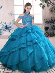 Excellent Blue Organza Lace Up Sweet 16 Quinceanera Dress Sleeveless Floor Length Beading and Ruffled Layers