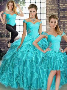 Aqua Blue Lace Up Quince Ball Gowns Beading and Ruffles Sleeveless Brush Train