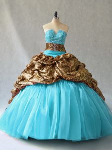 Chic Lace Up Ball Gown Prom Dress Aqua Blue for Sweet 16 and Quinceanera with Beading and Pick Ups