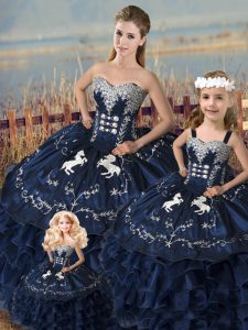 Hot Selling Sleeveless Satin and Organza Floor Length Lace Up Sweet 16 Dress in Navy Blue with Embroidery and Ruffles