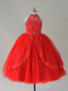 Gorgeous Sleeveless Lace Up Floor Length Beading and Appliques Girls Pageant Dresses