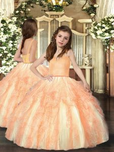 Orange Ball Gowns Straps Sleeveless Tulle Floor Length Lace Up Ruffles Little Girl Pageant Gowns
