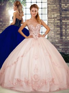 Pink Sleeveless Tulle Lace Up Quinceanera Gowns for Military Ball and Sweet 16 and Quinceanera