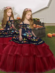 Custom Made Embroidery and Ruffled Layers Little Girl Pageant Gowns Red Lace Up Sleeveless Floor Length