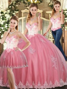 Pretty Watermelon Red Tulle Lace Up Sweetheart Sleeveless Floor Length Vestidos de Quinceanera Beading and Appliques