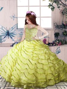 Yellow Green Zipper Straps Beading and Ruffled Layers Winning Pageant Gowns Organza Sleeveless