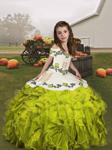 Best Olive Green Lace Up Straps Embroidery and Ruffles Pageant Dress Wholesale Organza Sleeveless