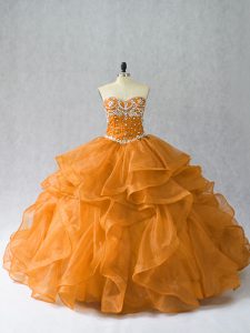 Glittering Sweetheart Sleeveless Quinceanera Gowns Floor Length Beading and Ruffles Orange Organza