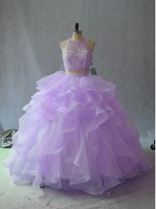 On Sale Lavender Two Pieces Halter Top Sleeveless Organza Backless Beading and Ruffles Quinceanera Dress