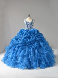 Affordable Blue Straps Lace Up Beading and Ruffles Quince Ball Gowns Sleeveless