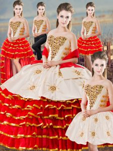 Sweet Floor Length Lace Up Quinceanera Dresses White And Red for Sweet 16 and Quinceanera with Beading and Ruffled Layers