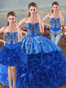 Discount Royal Blue Ball Gown Prom Dress Sweet 16 and Quinceanera with Embroidery and Ruffles Sweetheart Sleeveless Lace Up