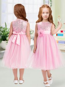 Top Selling Organza Sleeveless Tea Length Little Girl Pageant Dress and Sequins and Hand Made Flower