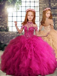 Latest Tulle High-neck Sleeveless Lace Up Beading and Ruffles Little Girls Pageant Dress in Fuchsia