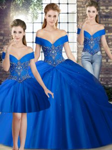 Perfect Tulle Off The Shoulder Sleeveless Brush Train Lace Up Beading and Pick Ups Quinceanera Dresses in Royal Blue