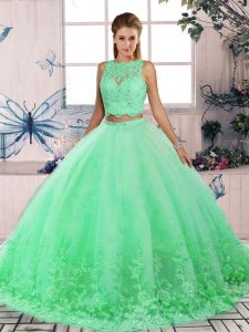 Scalloped Sleeveless 15th Birthday Dress Sweep Train Lace Turquoise Tulle