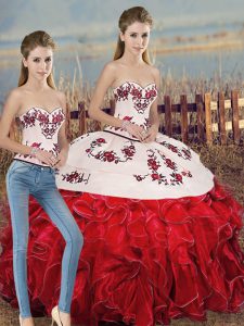 Two Pieces Sweet 16 Quinceanera Dress White And Red Sweetheart Organza Sleeveless Floor Length Lace Up