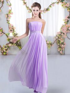 Chiffon Strapless Sleeveless Sweep Train Lace Up Beading Quinceanera Court Dresses in Lavender