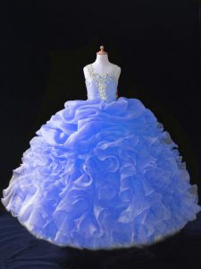Blue Kids Formal Wear Wedding Party with Beading and Ruffles and Pick Ups Straps Sleeveless Zipper