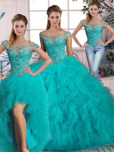 Sleeveless Brush Train Lace Up Beading and Ruffles Sweet 16 Dresses