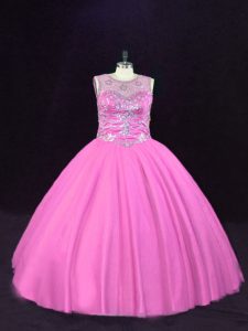 Luxurious Pink Lace Up Scoop Beading 15th Birthday Dress Tulle Sleeveless