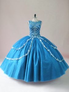 New Style Baby Blue Sleeveless Tulle Lace Up Quinceanera Dress for Sweet 16 and Quinceanera