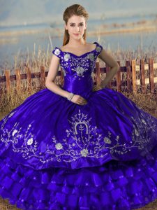 Purple Off The Shoulder Neckline Embroidery and Ruffled Layers Vestidos de Quinceanera Sleeveless Lace Up