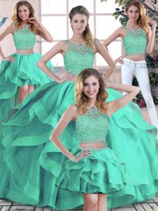 Best Turquoise Zipper Scoop Beading and Ruffles Quince Ball Gowns Tulle Sleeveless
