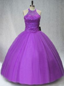 Tulle Halter Top Sleeveless Lace Up Beading Quinceanera Gowns in Purple