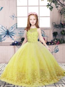 Elegant Yellow Green Scoop Backless Lace and Appliques Kids Pageant Dress Sleeveless
