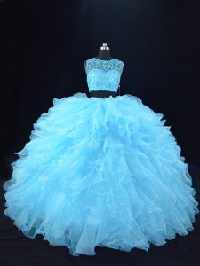 Fabulous Aqua Blue Zipper Quince Ball Gowns Beading and Ruffles Sleeveless Floor Length