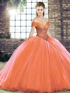 Perfect Organza Sleeveless Vestidos de Quinceanera Brush Train and Beading