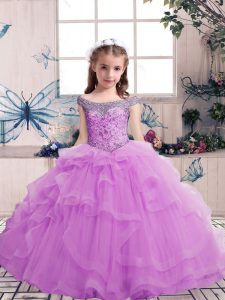 Cheap Floor Length Lace Up Little Girl Pageant Dress Lilac for Party and Military Ball and Wedding Party with Beading